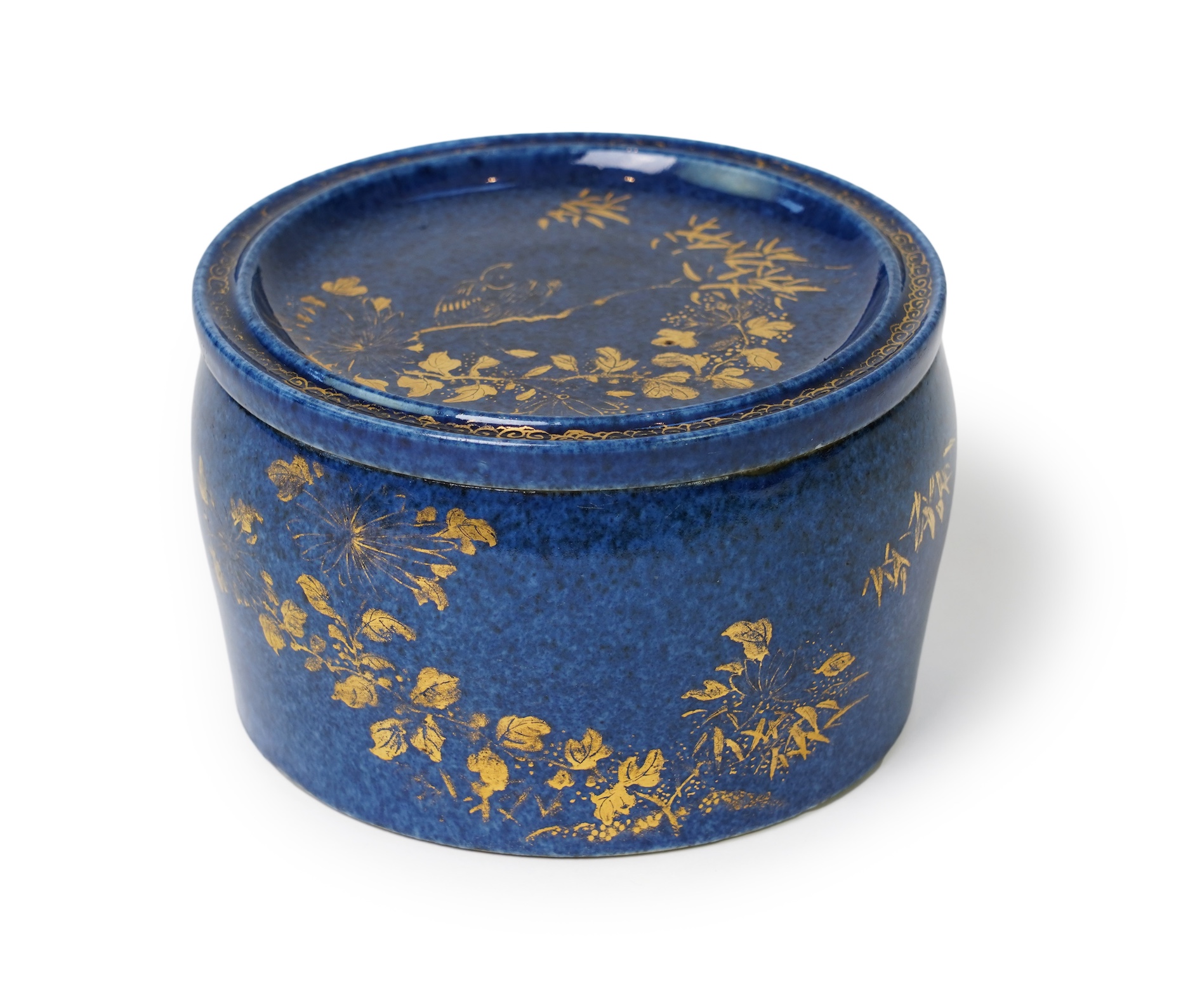 A Chinese gilt-decorated powder blue ‘fighting cricket’ box and cover, Xuande six character mark but later